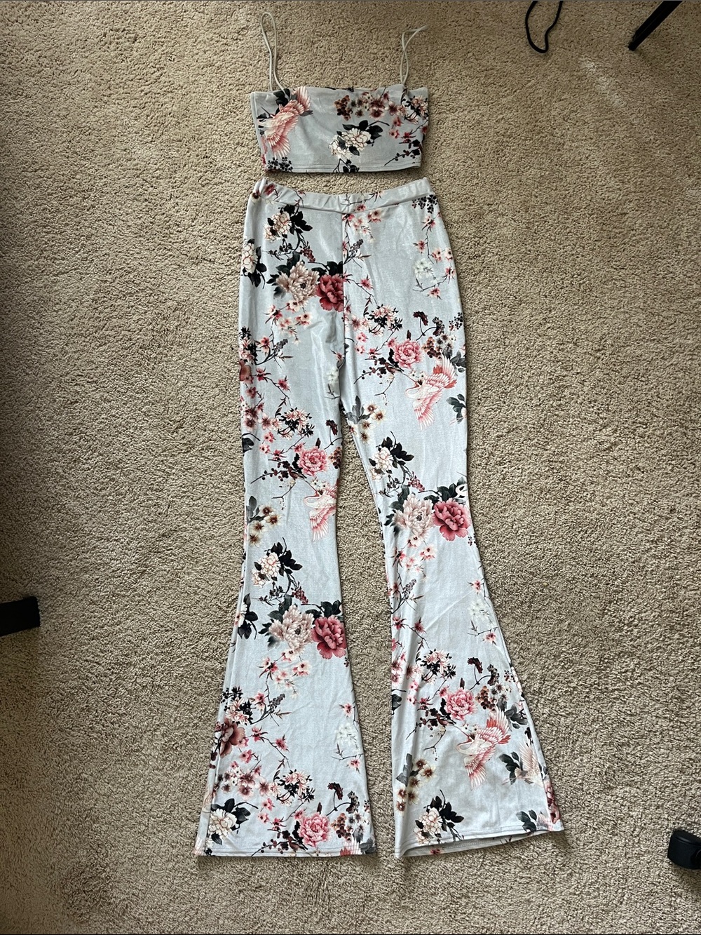 PLT Floral Set High-Waist Flare Cut Pants in Light Blue w/ Pink Accents Crop Top